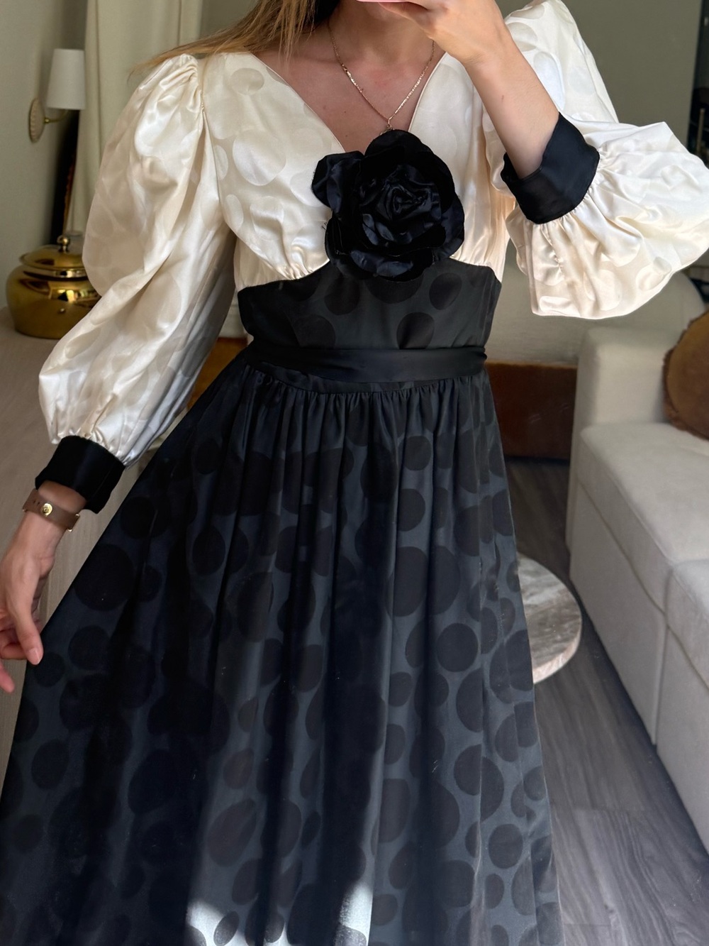 Vintage 80s Michael Novarese Black White Polka Dot Ball Gown Rosette Puff Sleeve - Picture 8 of 10